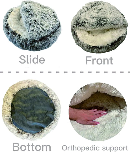 Soft Plush Hide Away Pet Bed with Cover Round -Cat or Dog Bed A Great Sleeping Nest Cave for Small Dogs